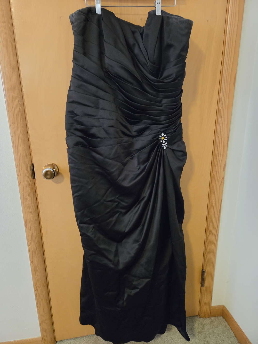 Alexia Designs Black Strapless Ruched Evening Gown with Brooch